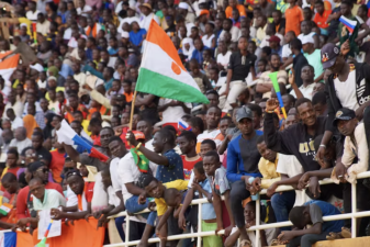 An image of supporters of Niger’s July 2023 coup celebrating in the capital.